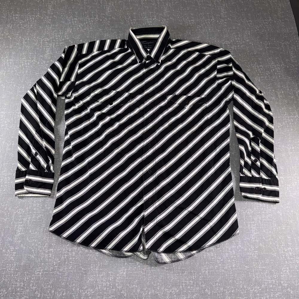 Wrangler Shirt Mens Medium Black White Striped Long Sleeve Button Up Western